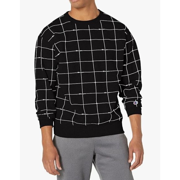 New Champion Mens Size M Powerblend Crewneck Sweatshirt Black White Logo Grid - Picture 1 of 12
